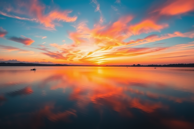Create a high-resolution image of a tranquil sunset over a calm lake with vibrant colors in the sky, shot with a Canon EOS R5 at f/8, ISO 100, 1/125 sec, using a wide-angle lens at 16mm for a panoramic view.