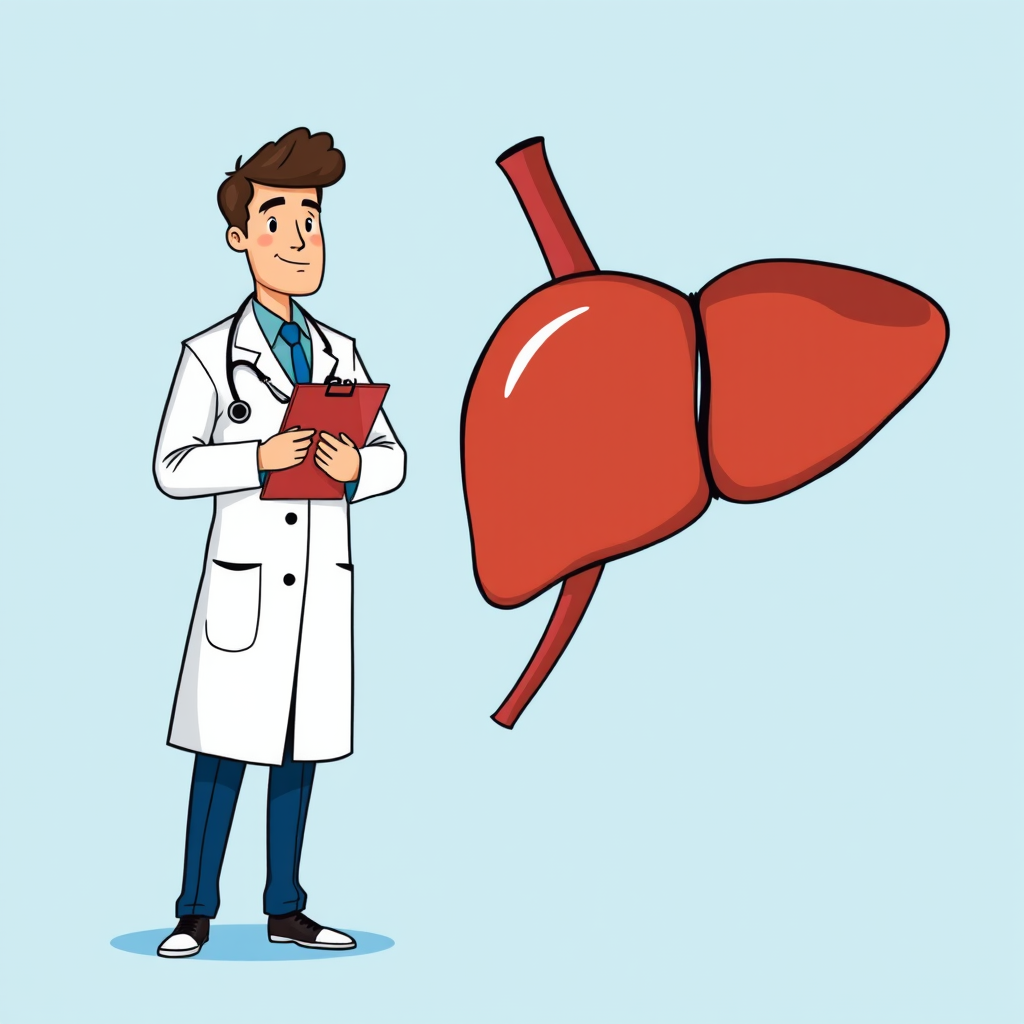 Create an illustration of a doctor in a lab coat holding a clipboard, standing next to a large, stylized liver, on a bright blue background, using a vector graphic style, with high resolution at 300 DPI, and a clean and simple composition.