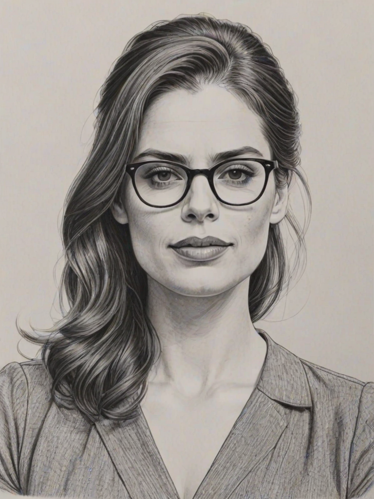 Appealing Hayley Atwell, pencil sketch, portrait of Superb woman 1971s in glasses, hair style beatnik, outline, clear lines, fine lines, 8k