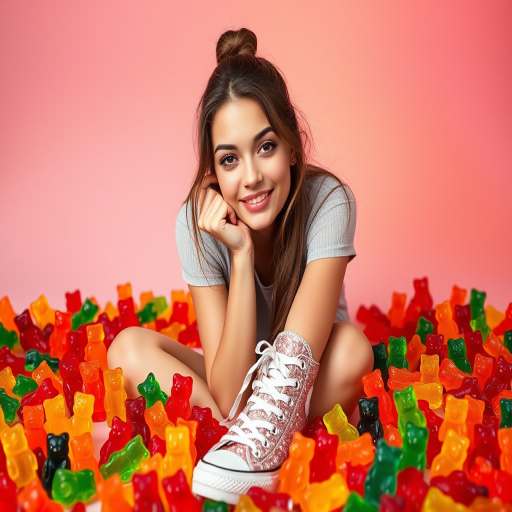 Generate a vivid portrait of a young woman sitting among colorful gummy bears, styled with sparkling high-top sneakers, using a Canon EOS R5 camera, 50mm lens, f/1.8 aperture, ISO 200, soft studio lighting, shallow depth of field, vibrant background colors, and capturing a playful and energetic atmosphere.