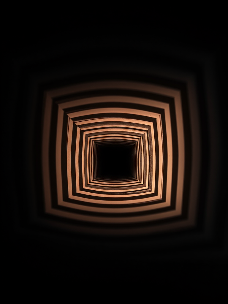 Create a high-resolution abstract image featuring concentric squares funneling toward a central point, using a Canon EOS R5 with a 24-70mm f/2.8 lens, aperture set to f/8, ISO 100, and a shutter speed of 1/250s, captured at a straight-on angle with a slight vignette effect for added depth.