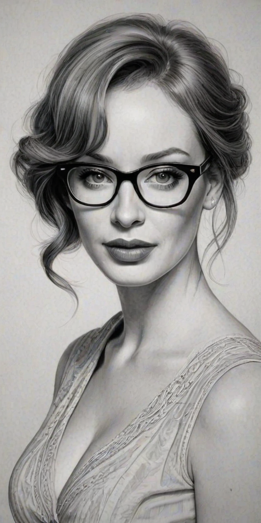 Beauteous Christina Hendricks, pencil sketch, portrait of Enchanting woman 1934s in glasses, hair style beatnik, outline, clear lines, fine lines, 8k
