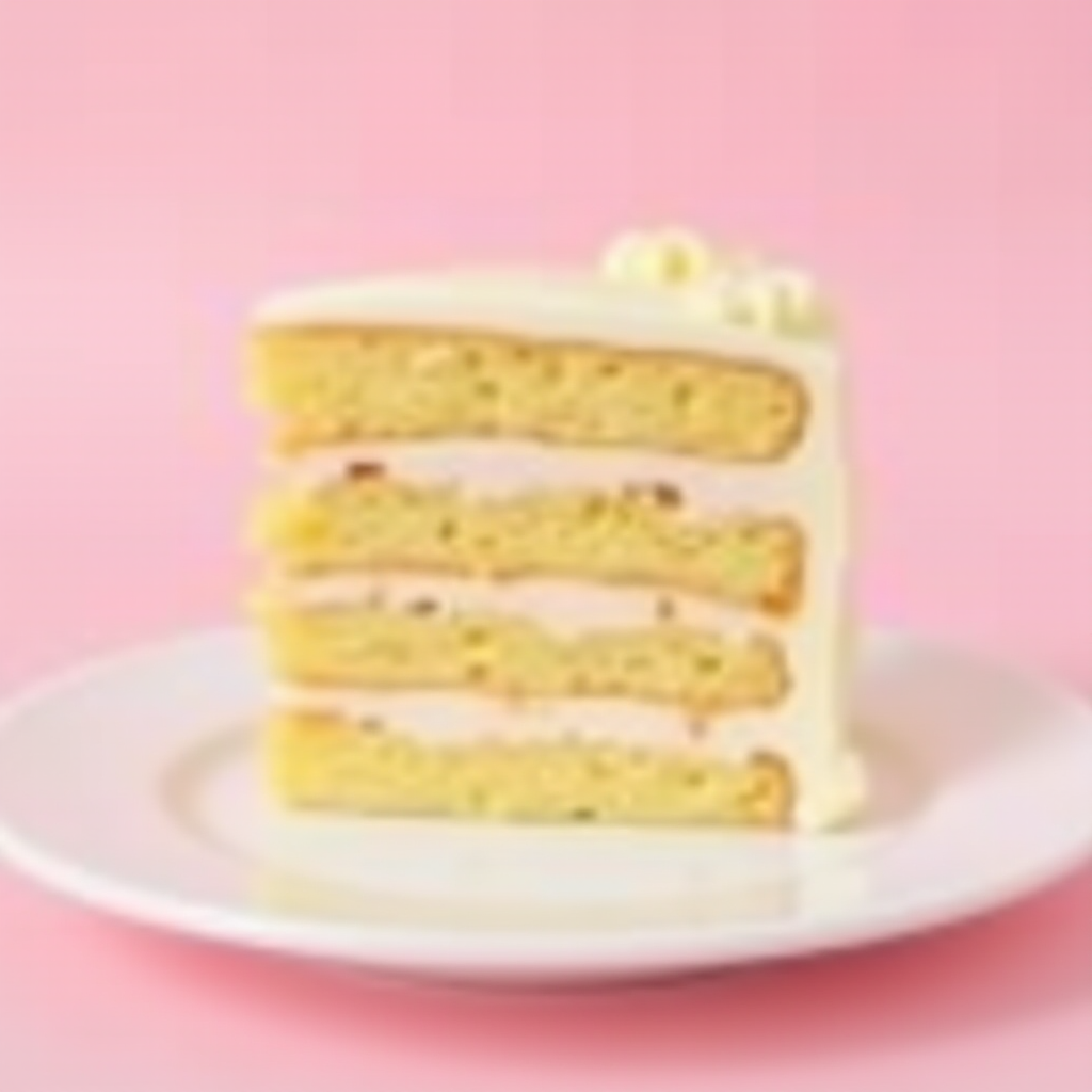 A detailed close-up of a slice of layered cake on a white plate, showing multiple layers of sponge and cream filling. The cake has a creamy frosting and is set against a soft pink background, creating a visually appealing dessert image.
