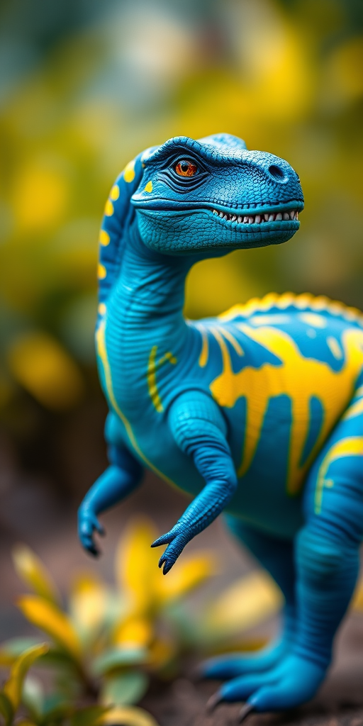 Create a high-resolution image of a stylized dinosaur in vibrant blue and yellow colors, using a Canon EOS R5 camera with a 50mm f/1.2 lens, set to ISO 100, aperture f/2.8, and a shutter speed of 1/250s, capturing a dynamic side view with a shallow depth of field for enhanced detail and clarity.
