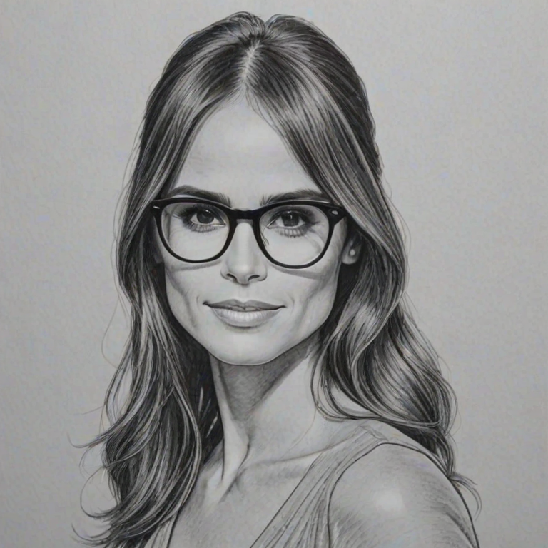 Ravishing Jordana Brewster, pencil sketch, portrait of Dazzling woman 1977s in glasses, hair style beatnik, outline, clear lines, fine lines, 8k