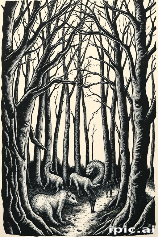 Woodcut-style tattoo titled "Mythic Grove" featuring a detailed forest scene with mythical creatures hidden among the trees, using bold black lines and crosshatching to create texture and depth