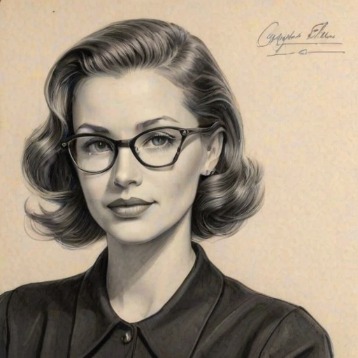 Captivating Cameron Bure, pencil sketch, portrait of Splendid woman 1941s in glasses, hair style beatnik, outline, clear lines, fine lines, 8k