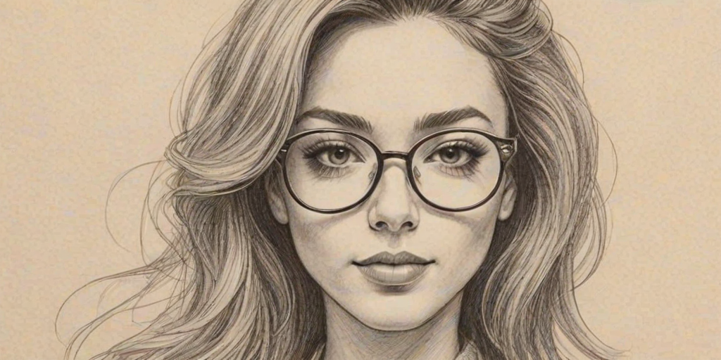Bewitching Sabrina Sato, pencil sketch, portrait of Enticing woman 1971s in glasses, hair style beatnik, outline, clear lines, fine lines, 8k