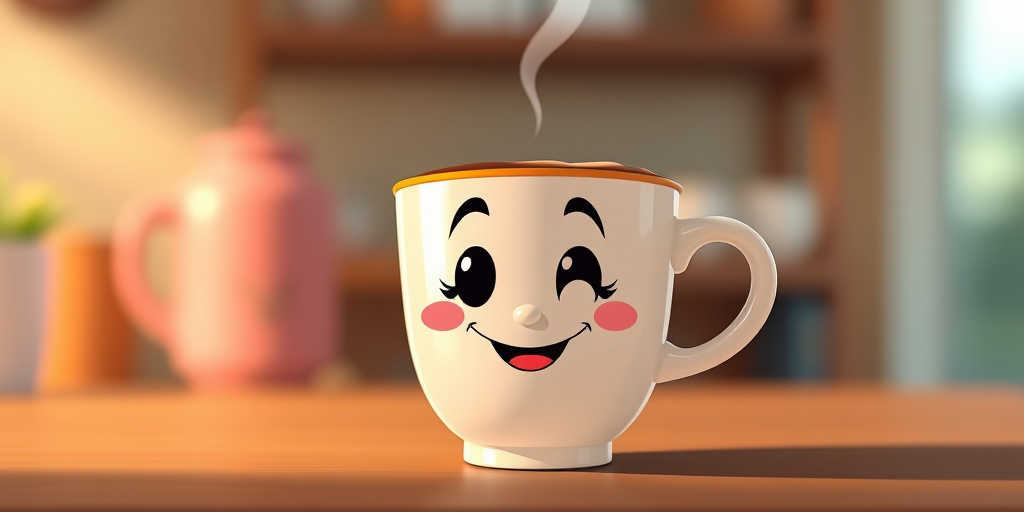 Create a high-resolution illustration of a cartoon coffee cup with a smiling face, using a DSLR camera at f/8 aperture, 50mm lens, with a shallow depth of field, and soft diffused lighting to enhance the colors and details.