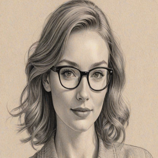 Attractive Eleanor Tomlinson, pencil sketch, portrait of Graceful woman 1958s in glasses, hair style beatnik, outline, clear lines, fine lines, 8k
