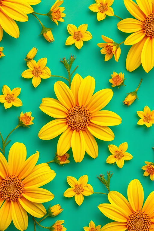Create a vibrant floral pattern featuring yellow flowers on a teal background, focusing on intricate detailing and dynamic composition, shot with a Canon EOS R5 at f/5.6, ISO 100, 50mm lens in macro mode for enhanced clarity and color depth.