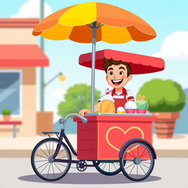 illustration of a smiling vendor pushing an ice cream cart with an umbrella, bright colors, flat design, camera settings: ISO 100, f/8, shutter speed 1/250s, camera view: eye level, camera style: vibrant and clean, camera type: digital illustration