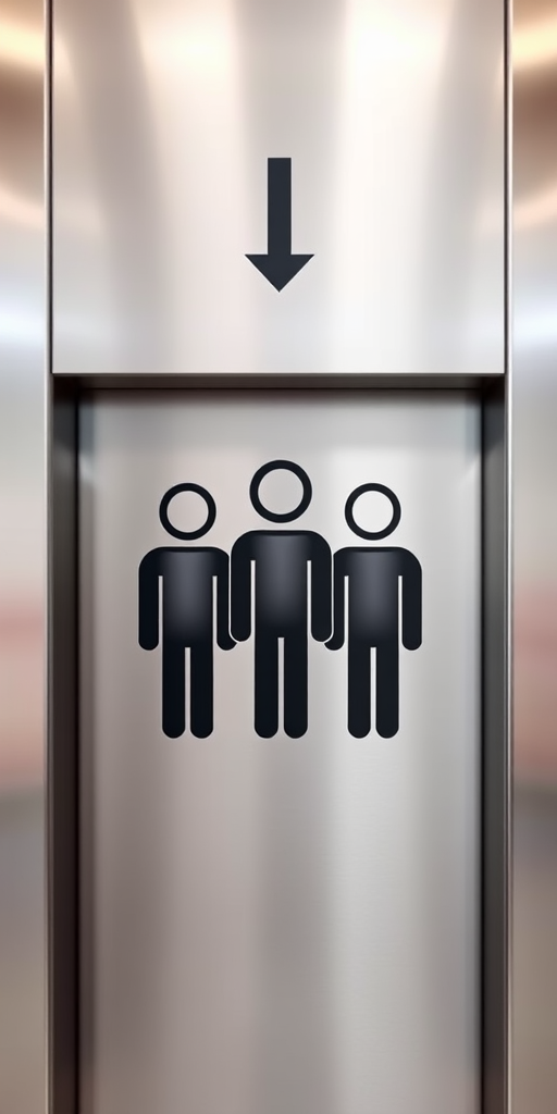 Generate an image of an elevator icon featuring three stick figures with up and down arrows above, focus on clean lines and modern design, use a high-resolution digital camera with a shallow depth of field, set exposure to 1/125 sec, aperture f/5.6, and ISO 100 to enhance image quality.