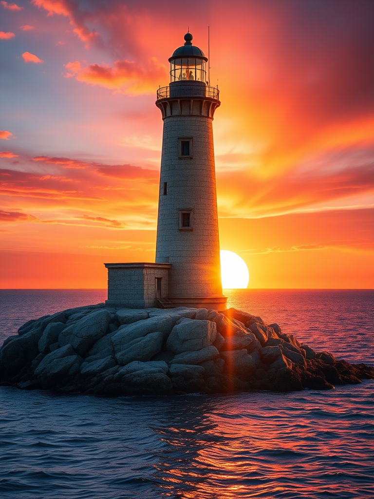 Generate an image of a tall lighthouse perched on a rocky outcrop surrounded by calm ocean waters during a breathtaking sunset. The lighthouse stands sturdy and weathered, its stone surface illuminated by the warm golden light of the setting sun. The sun's rays pass directly through the glass lantern room at the top of the lighthouse, casting a brilliant light across the scene. The sky is painted with vibrant shades of orange, pink, and purple, reflecting off the tranquil sea. The surrounding water shimmers with the same warm hues, creating a serene and majestic atmosphere.