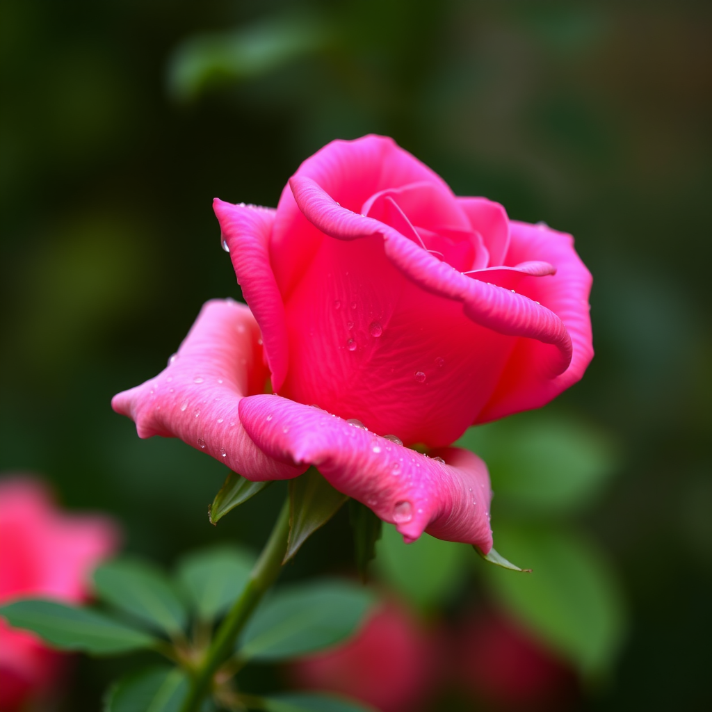 Create an image of a single rose with dew drops on its petals. The rose should be in full bloom and the background should be blurred with a hint of greenery. The rose should be captured from a side angle, showcasing its vibrant color and intricate petal structure.