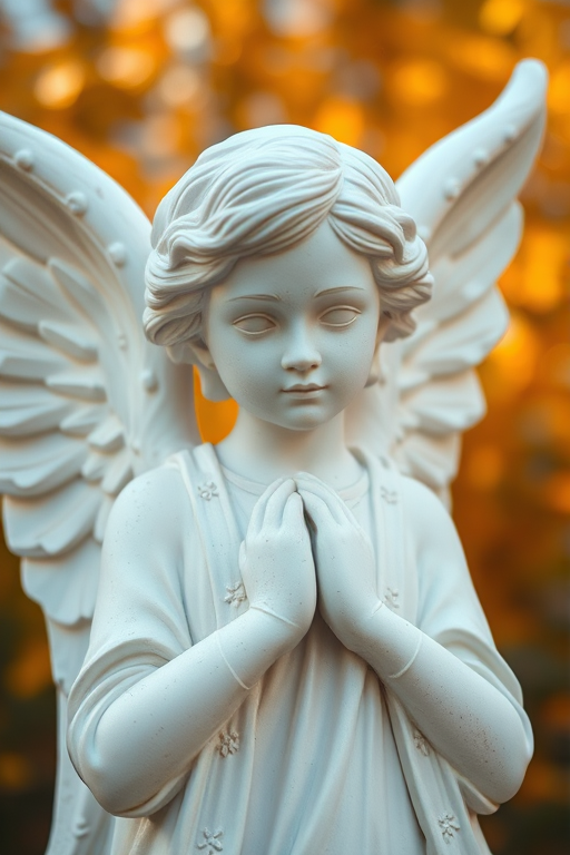 Create a high-resolution image of a white angel statue with wings, capturing the serene expression and detailed features, photographed with a Canon EOS 5D Mark IV, 50mm lens, aperture f/2.8, ISO 100, shallow depth of field, natural light, and a 45-degree angle view to emphasize the statue's contours against a blurred autumn background.