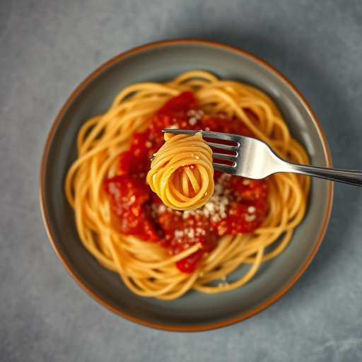 a plate of spaghetti with marinara sauce and a fork twirling pasta, vibrant colors, top-down view, DSLR camera, f/2.8 aperture, 50mm lens, ISO 100, natural lighting, high-resolution, minimalist style