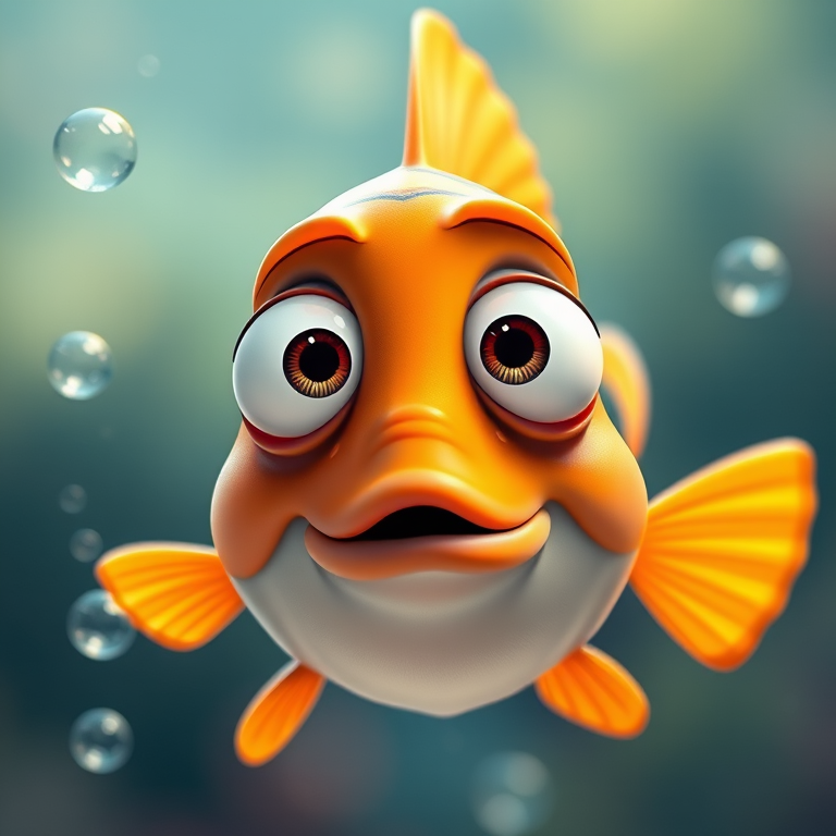 Create a cartoon-style image of a quirky fish with large eyes and a surprised expression, surrounded by bubbles, using a DSLR camera with a 50mm lens, f/2.8 aperture, 1/200 shutter speed, and natural lighting to enhance color vibrancy and clarity.