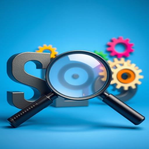 Create an image of the letters SEO in a modern font, with a large magnifying glass focusing on the O, incorporate colorful gears in the background, use a gradient blue backdrop for depth, capture with a DSLR camera at f/4, 1/125s, ISO 100, shoot from a 45-degree angle with soft focus and high dynamic range.