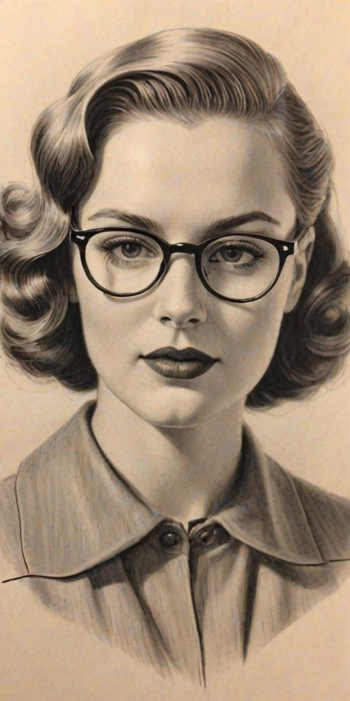 Alluring Hannah Brown, pencil sketch, portrait of Enchanting woman 1938s in glasses, hair style beatnik, outline, clear lines, fine lines, 8k