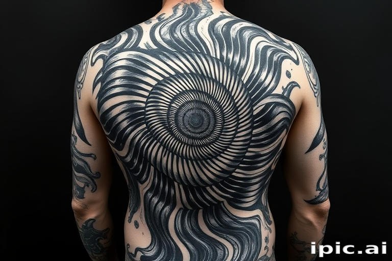 Psychedelic blackwork tattoo covering the entire back, depicting a mind-bending optical illusion with swirling vortexes and fractals in solid black ink