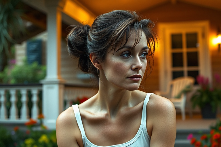 A photo of Jodie Foster with a background of a cozy porch. She has dark hair pulled back in an updo, with tendrils framing her face. She wears a white tank top and sits on the porch. The porch is part of a well-lit home with a warm, earthy tone and colorful flowers and foliage. The overall scene has a warm, welcoming, and comfortable ambiance.