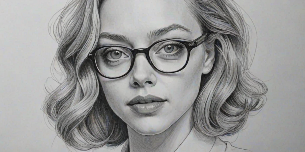 Enchanting Amanda Seyfried, pencil sketch, portrait of Comely woman 1924s in glasses, hair style beatnik, outline, clear lines, fine lines, 8k