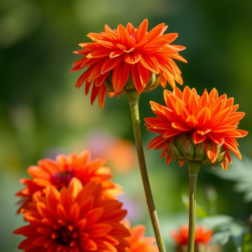 Capture a close-up shot of vibrant orange dahlias with soft focus background, using a DSLR camera at f/2.8, 50mm lens, ISO 100, natural light, and a shallow depth of field to highlight the flower textures.
