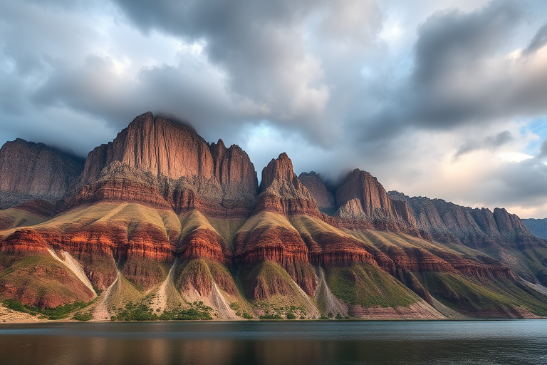 Generate a high-resolution image of a dramatic mountain landscape with steep cliffs and layered rock formations under a cloudy sky, featuring a serene lake in the foreground, captured with a Canon EOS R5, 24mm lens, f/8 aperture, ISO 100, and a focus on vibrant colors and contrast for enhanced detail.