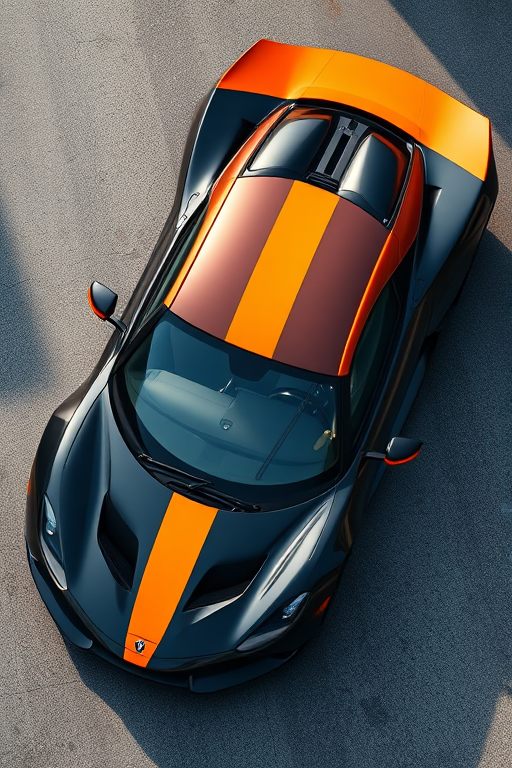 high-definition image of a sleek black and orange sports car from an aerial view, capturing intricate details of the car's design, natural lighting, sharp focus, 16mm lens, f/2.8 aperture, ISO 100, DSLR camera