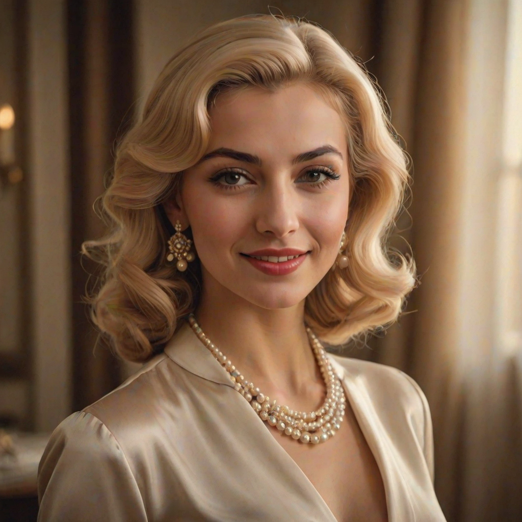 A beautiful Sephardic woman reminiscent of 1950s Hollywood glamour, with perfectly styled blonde hair and a seductive smile, dressed in a satin blouse and adorned with pearls, soft and warm tones, photorealistic, 8K