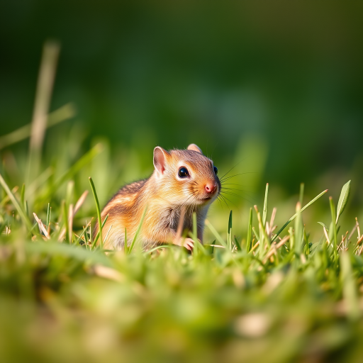 a close-up shot of a small brown rodent in a grassy environment, captured with a Canon EOS 5D Mark IV, 50mm lens, aperture f/2.8, ISO 200, natural light, shallow depth of field, focusing on the subject with a blurred background for enhanced image quality