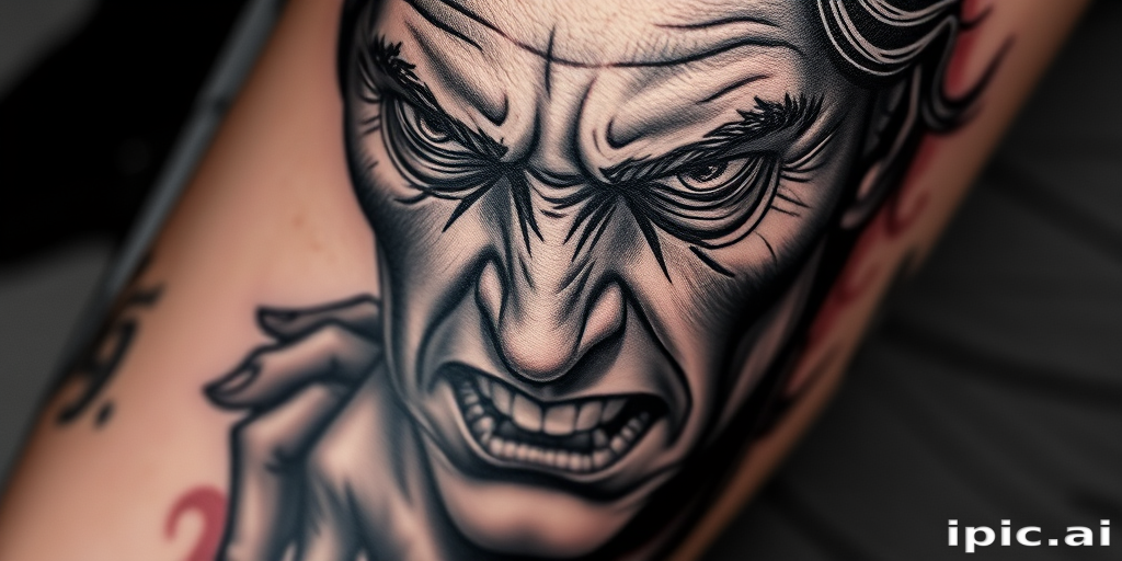 Realistic grayscale tattoo titled "Timeless Portrait" depicting a hyper-detailed human face with intense emotions, utilizing shading techniques to create depth and dimension on the skin