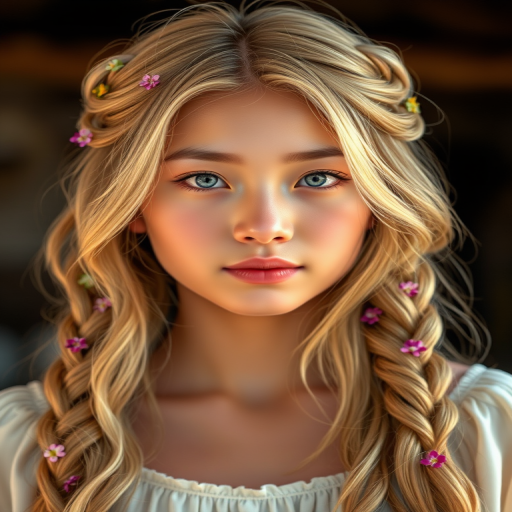 Create an image of a young Hmong woman with long, wavy blonde hair, adorned with small, colorful flowers woven into her braids and loose strands. Her complexion is fair, with soft, glowing skin, and she has light blue eyes that gaze softly at the viewer. She wears a light, flowing dress with a gentle, ethereal quality, complementing her delicate and serene appearance. The background is slightly blurred, drawing focus to her tranquil expression and the intricate details of the flowers in her hair. The overall mood of the image is one of natural beauty and grace, evoking a sense of peacefulness and connection with nature.