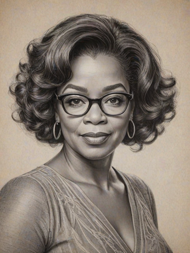 Appealing Oprah Winfrey, pencil sketch, portrait of Enchanting woman 1920s in glasses, hair style beatnik, outline, clear lines, fine lines, 8k