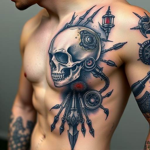 Biomechanical tattoo style titled "Cybernetic Fusion" blending organic forms with mechanical components, creating the illusion of exposed robotic parts beneath the skin
