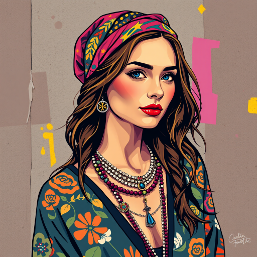A vibrant artwork blending bohemian style with edgy street art, featuring a young Swedish woman. The design mixes vibrant colors with the modern Disney-inspired style, echoing Roy Lichtenstein's pop art. The overall mood is optimistic and trendy, with elements of Johannes Vermeer’s classic elegance, combined with the geometric abstraction of crystal cubism. add Stockholm shilluette