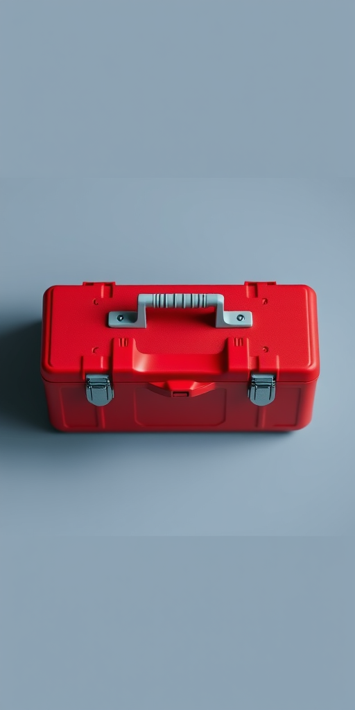 Create a high-resolution image of a red toolbox with a gray handle and latch, photographed with a Canon EOS 5D Mark IV, 50mm lens, f/2.8 aperture, ISO 100, natural lighting, top-down view, minimal background distractions.
