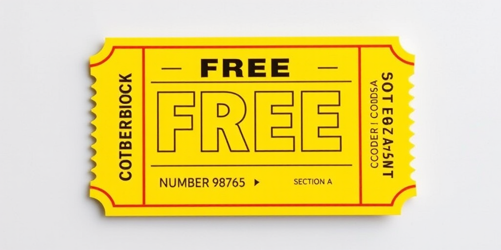Create a brightly colored ticket design with large, bold text reading "FREE FREE" prominently in the center, include "NUMBER 98765," "SECTION A," and "CODE 12456," use a flat lay camera view, set aperture to f/8 for depth of field, shutter speed 1/125 sec, ISO 100, and use a digital DSLR camera for high resolution.