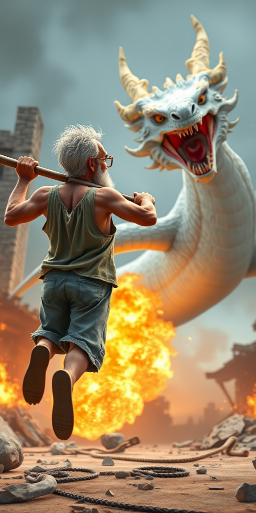 Cartoon 3D High-Resolution,dynamic battle scene using Unreal Engine 5 and Octane Render. The scene features back of an elderly, thai man with a beard,messy hair and round golden-rimmed glasses. He is wearing a tattered tank top with soot marks, shorts, and sandals. sweating. he wields a baseball bat. He jump to fight with a white fire-breathing Europe dragon amidst a partially destroyed stone castle. Include intense flames, smoke, and debris to enhance the dramatic effect.