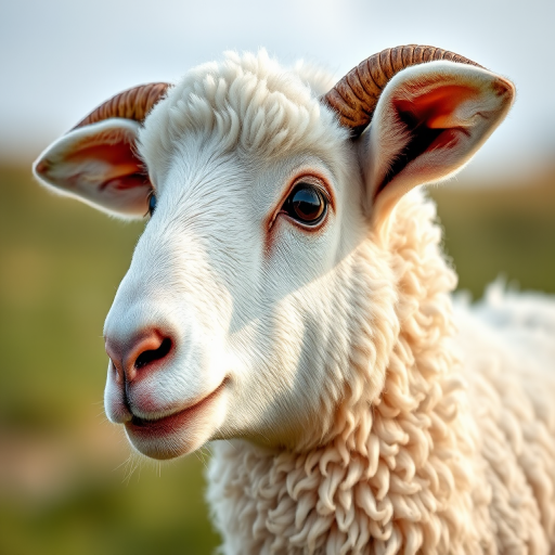 Create a high-quality close-up illustration of a standing white sheep with a detailed wool texture, using a DSLR camera at f/4 aperture, ISO 100, 50mm lens, in natural light for a soft-focus background effect.