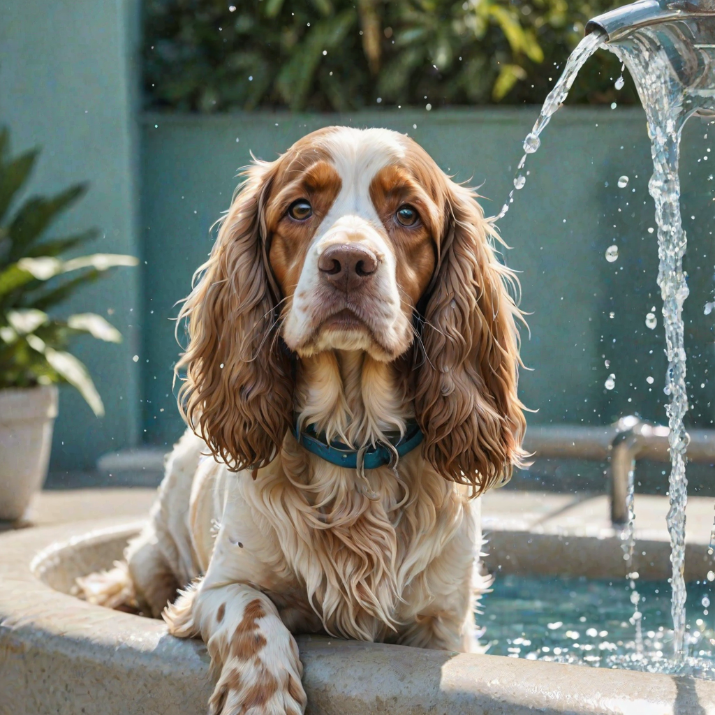Watercolor ink illustration, A digitally created artwork of a Cocker Spaniel dog leaning on a water fountain, eyes closed, tongue out as if lapping water. The white dog has brown and cream patches, especially on its ears and face. Water splashes around it with detailed droplets. The background features a soft blue-green gradient, suggesting a sunny day. The style is realistic, focusing on the texture of fur and water for a lifelike, vibrant feel.