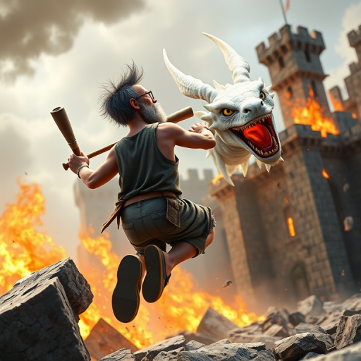 Cartoon 3D High-Resolution,dynamic battle scene using Unreal Engine 5 and Octane Render. The scene features back of an elderly, thai man with a beard,messy hair and round golden-rimmed glasses. He is wearing a tattered tank top with soot marks, shorts, and sandals. sweating. he wields a baseball bat. He jump to fight with a white fire-breathing Europe dragon amidst a partially destroyed stone castle. Include intense flames, smoke, and debris to enhance the dramatic effect.