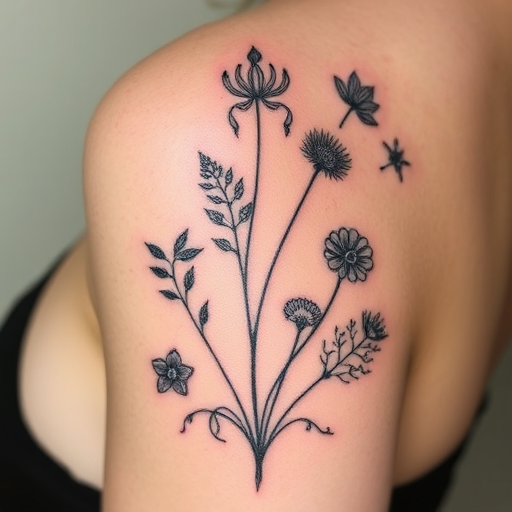 Botanical illustration tattoo named "Flora's Secret" featuring scientifically accurate renderings of various plant species, with delicate linework and subtle shading creating a vintage-inspired, naturalistic design