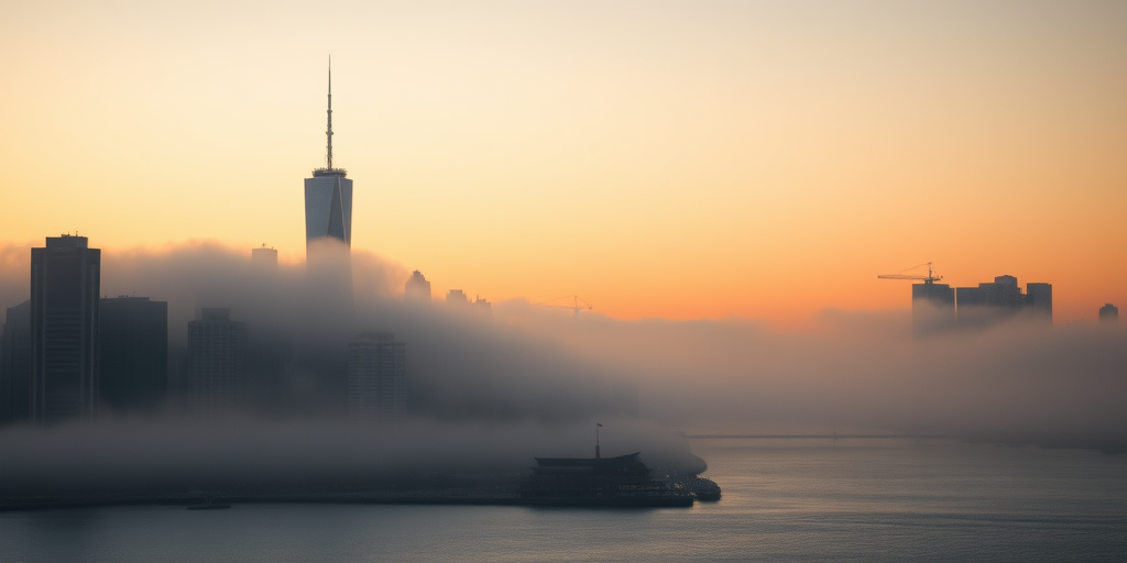 A misty cityscape at dawn with silhouettes of skyscrapers and a serene waterfront view, captured using a full-frame camera at f/8, ISO 100, 50mm lens, with a slight tilt-shift effect for depth.