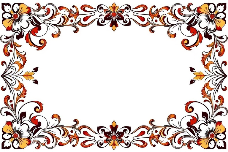 Create an elegant border design with intricate floral and swirl patterns, use a Canon EOS R5, 50mm lens, f/2.8, 1/125s, ISO 100, top-down view, natural lighting for vibrant detail and clarity.