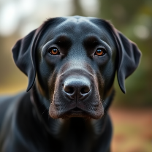 A close-up portrait of a black Labrador retriever against a blurred natural background, with soft lighting, 50mm lens, f/2.8 aperture, ISO 100, shot at eye level for a focused depth of field, using a DSLR camera.