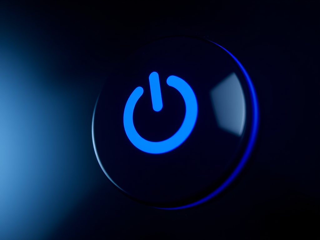 Create a high-resolution image of a blue power button icon with a glossy finish on a dark background, 50mm lens, f/2.8 aperture, ISO 100, taken with a DSLR camera from a straight-on view, using a studio lighting setup to enhance reflections and depth.
