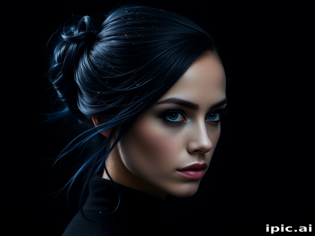 Mysterious dark portrait featuring Midnight Galaxy locks, deep blue-black base with subtle sparkles resembling stars, styled in a sleek updo