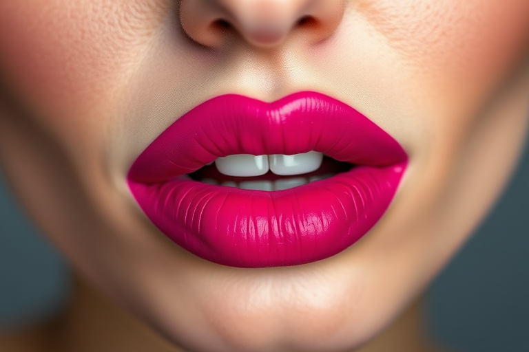 Vibrant fuchsia lips painted in matte velvet texture, expertly lined and filled, creating a bold and striking appearance, perfect for making a statement